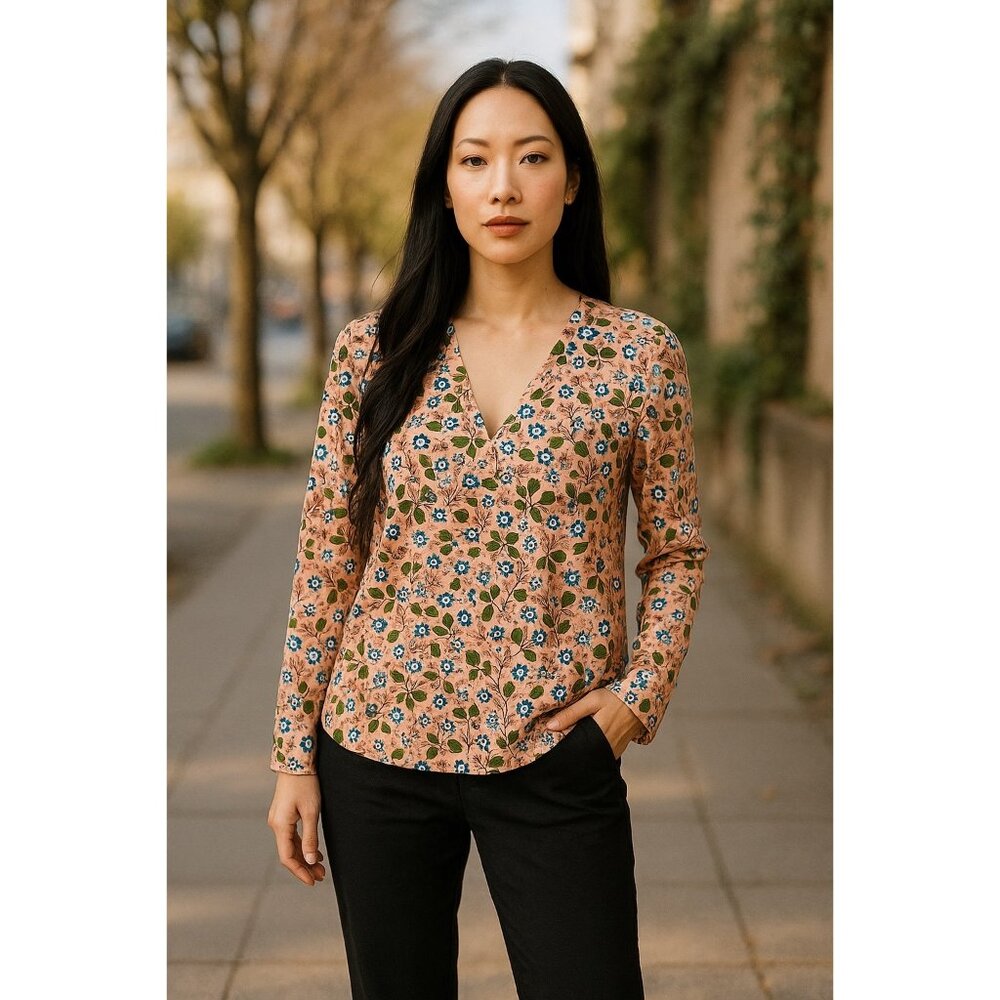 Boden Womens Size 10R Pink Multicolor Floral Blouse V-Neck Long Sleeves -